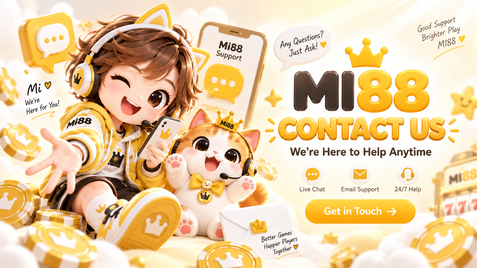 MI88 Contact banner featuring support and customer help visuals
