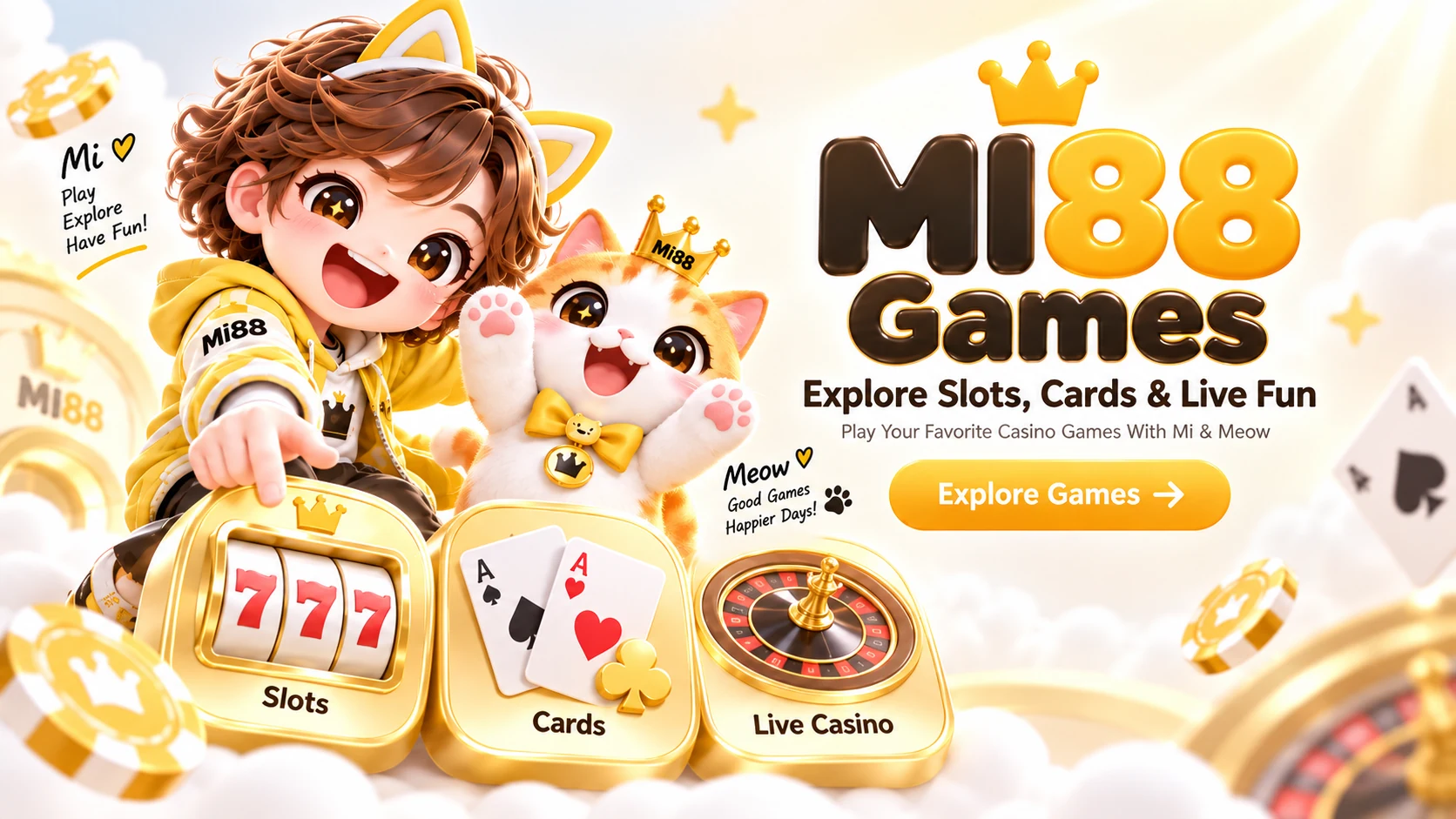 MI88 Games banner featuring slots, cards and live casino