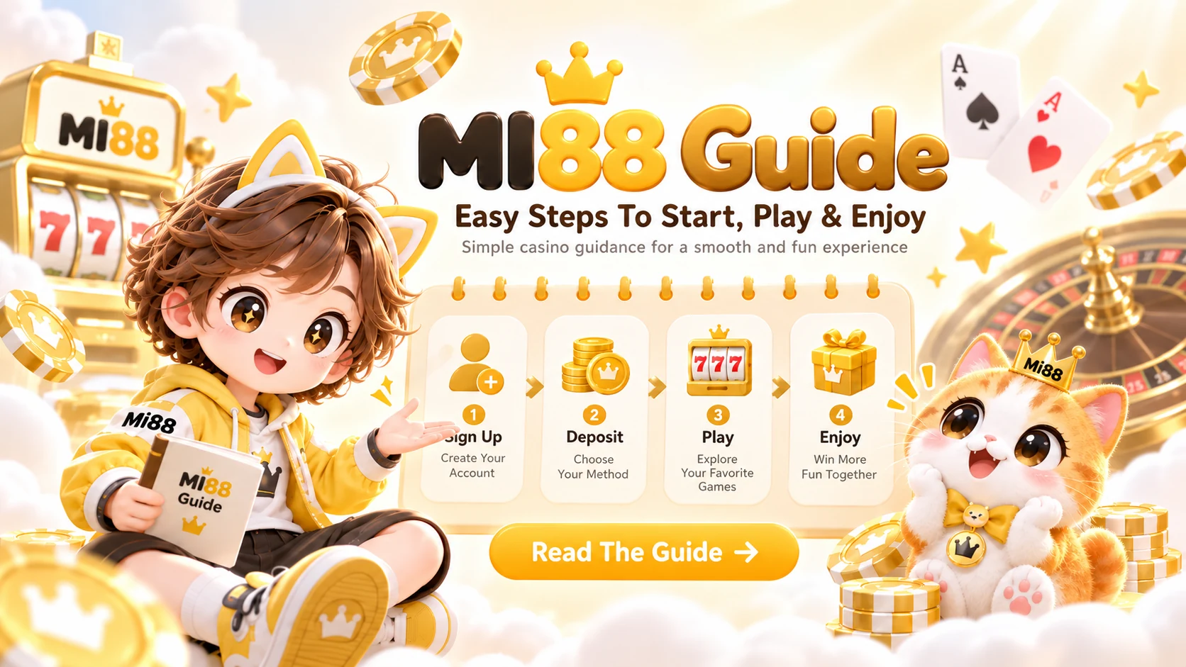MI88 Guide banner with sign up, deposit, play and enjoy steps